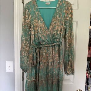 Elegant Teal and Gold Wrap Dress